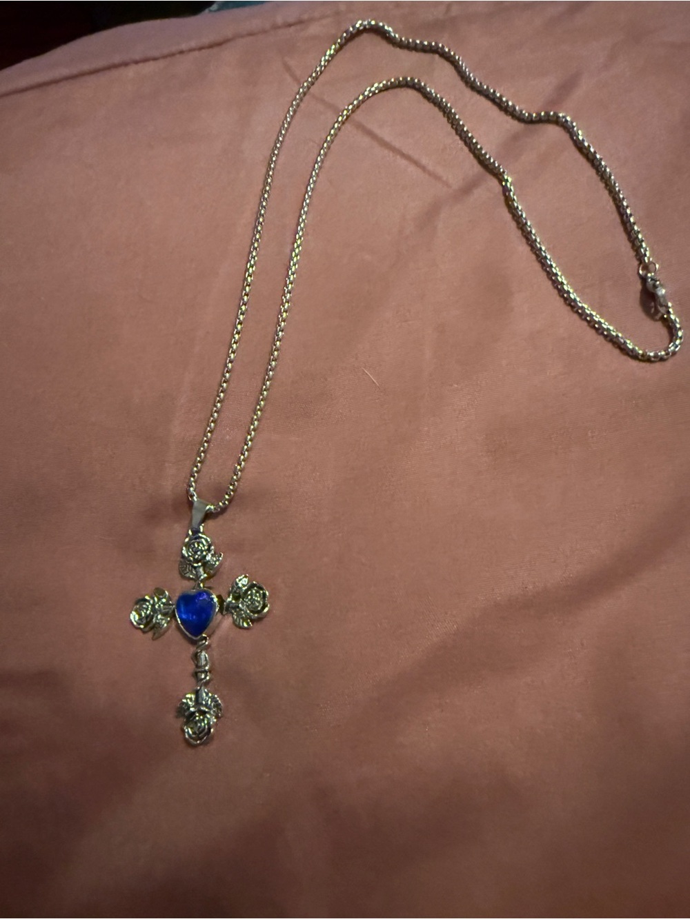 Silver Rose Cross Necklace with Blue Heart Pendant